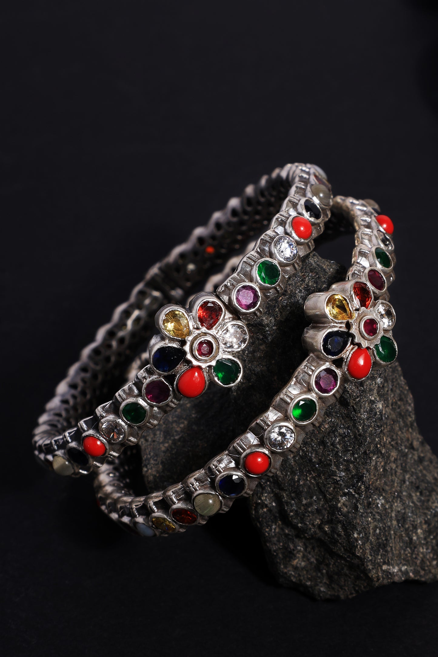 Temple Navratna Silver Bangles