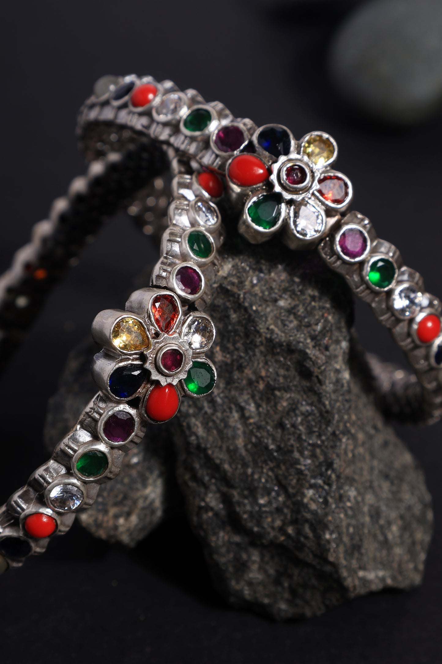 Temple Navratna Silver Bangles
