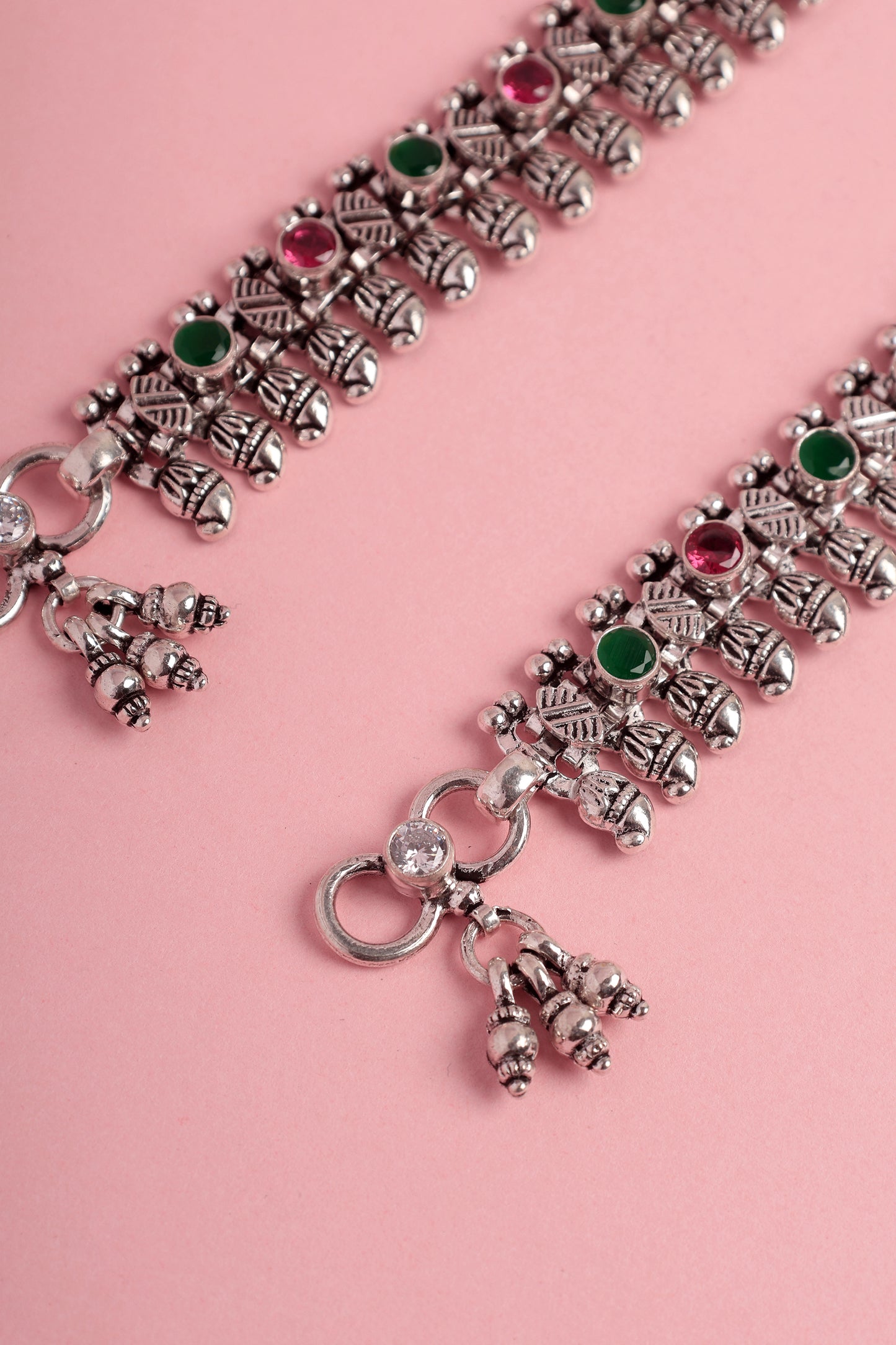 Ruby Onyx CZ Spoke Silver Anklets