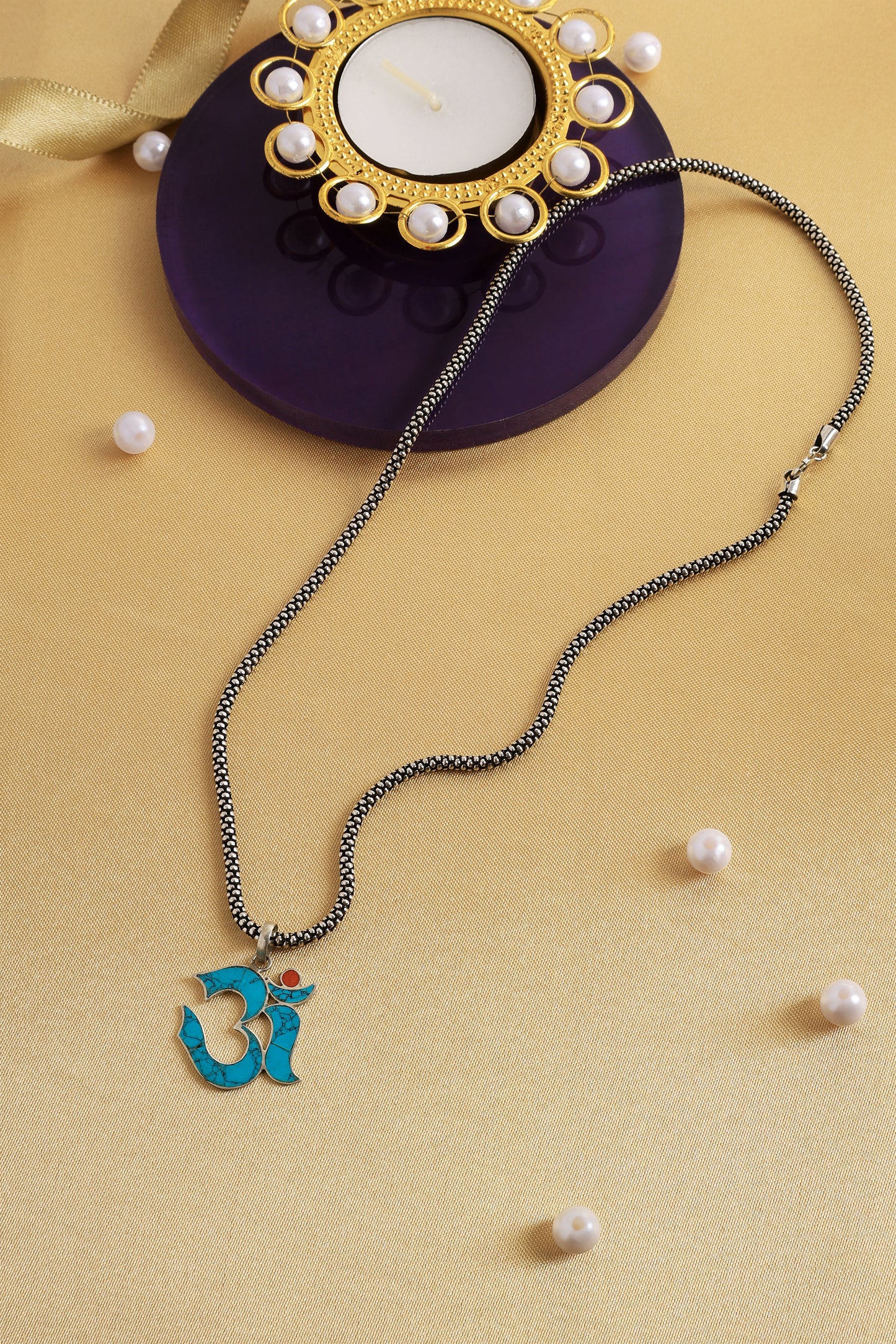 Turquoise Om Silver Pendant Chain
