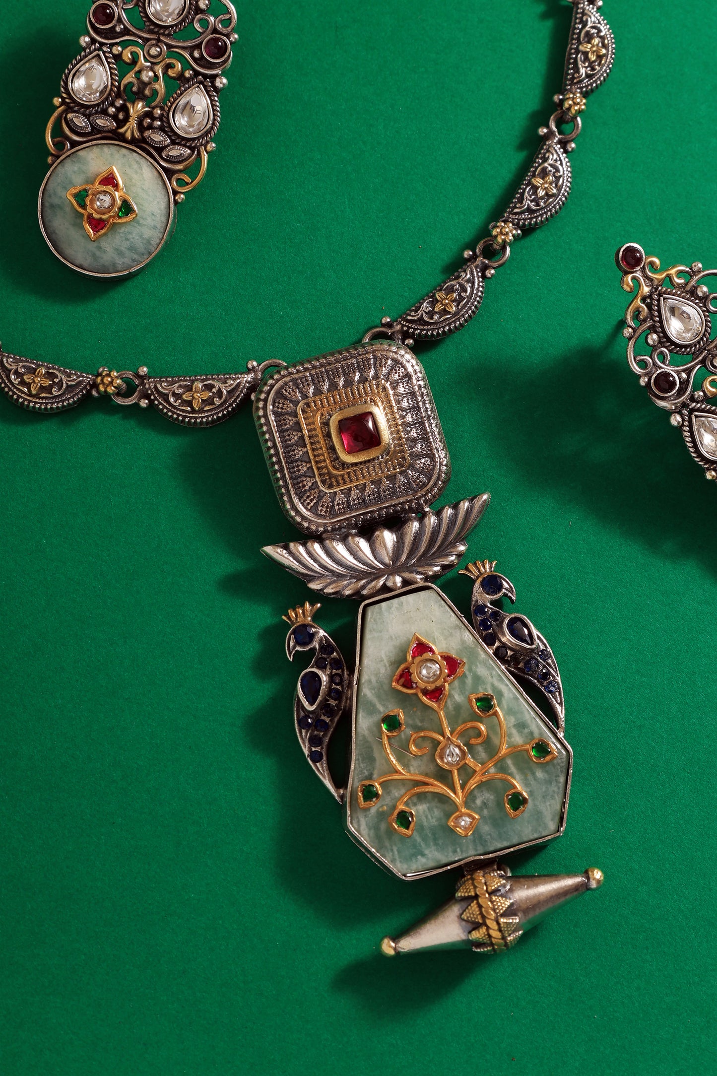 Jade Kundan Dual Tone Temple Necklace Set