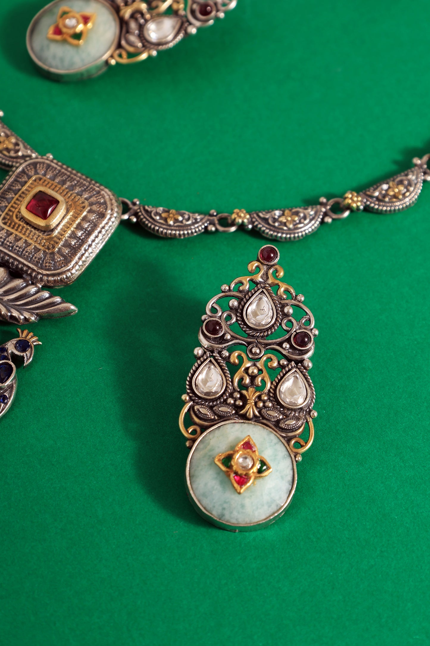 Jade Kundan Dual Tone Temple Necklace Set