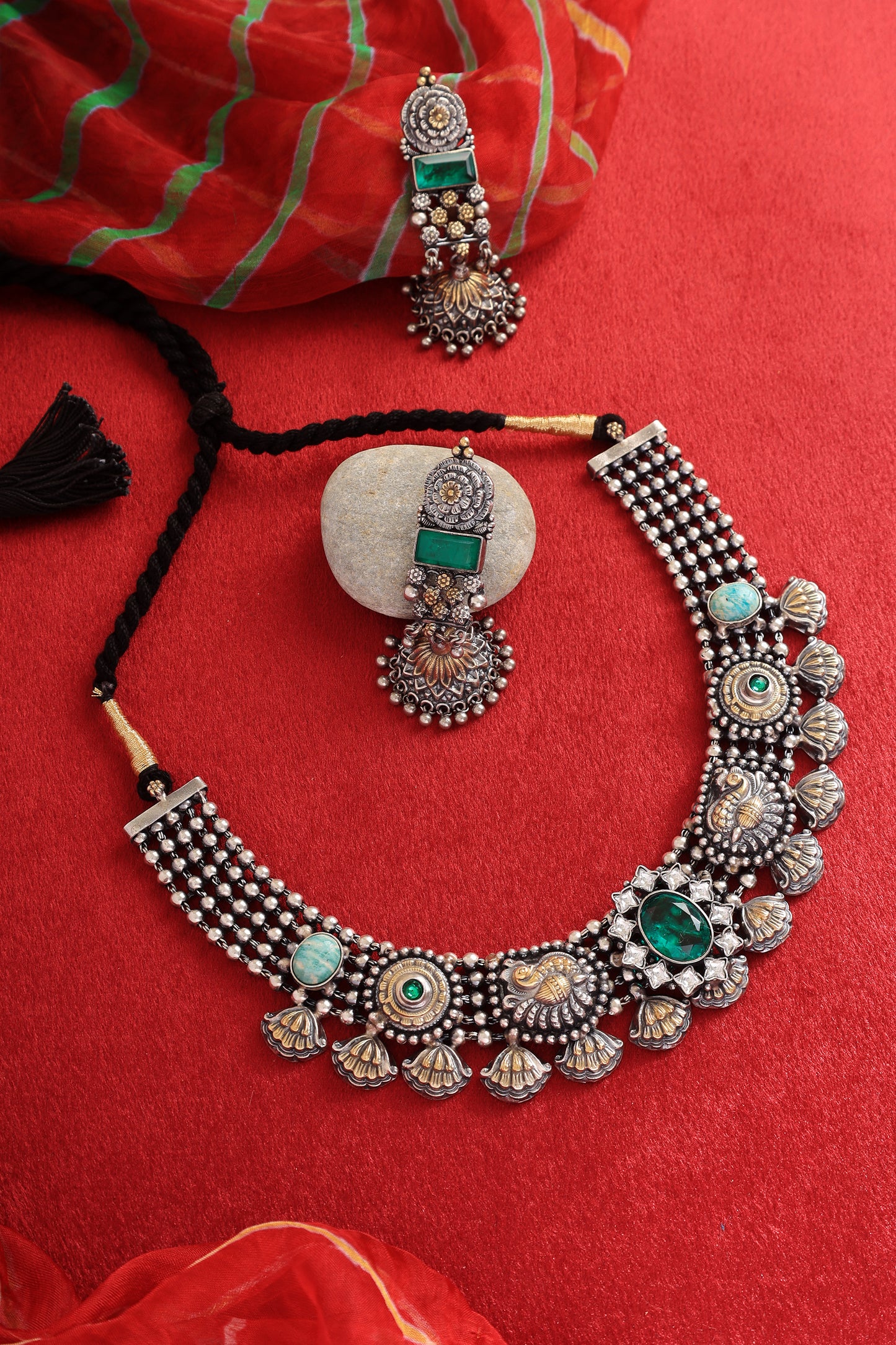 Green Jade Turquoise Dual Tone Temple Necklace Set