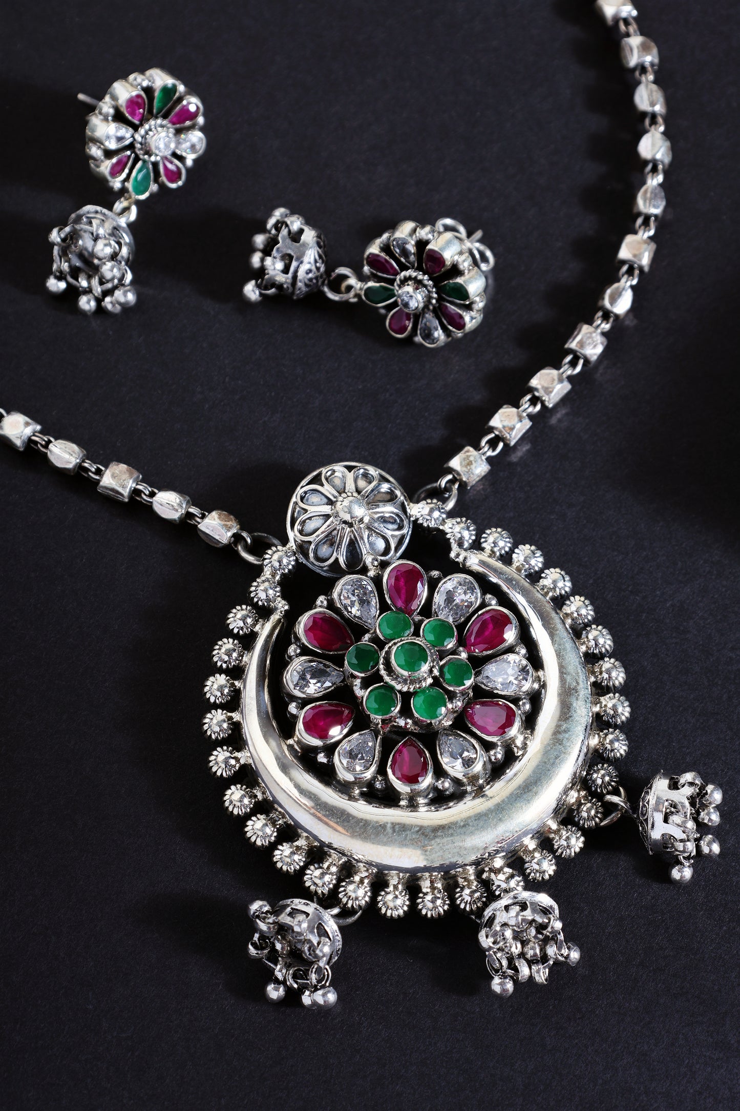 Cut Stone Pendant Long Necklace Set