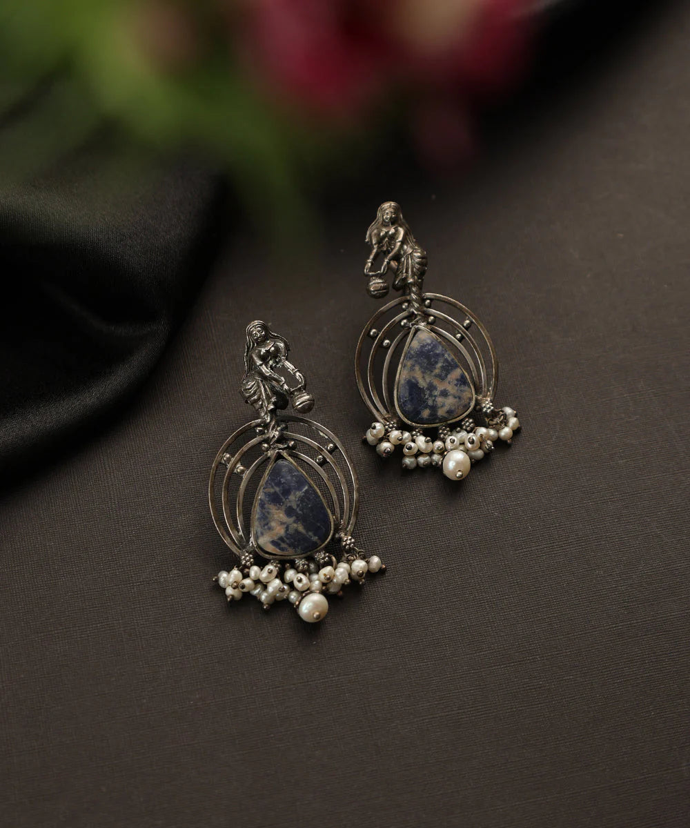 Lapis Temple Pearl Silver Earrings