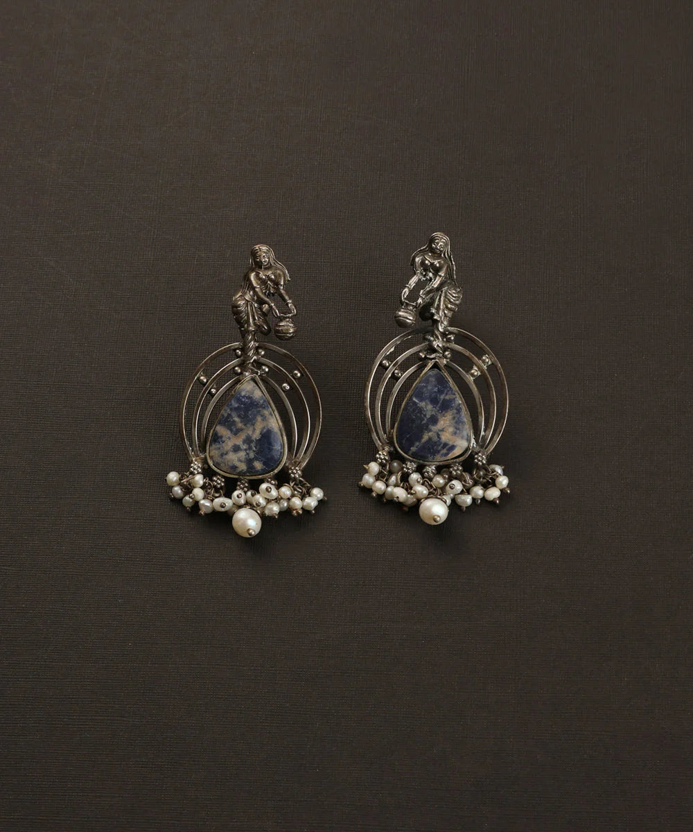 Lapis Temple Pearl Silver Earrings