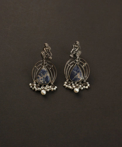 Lapis Temple Pearl Silver Earrings