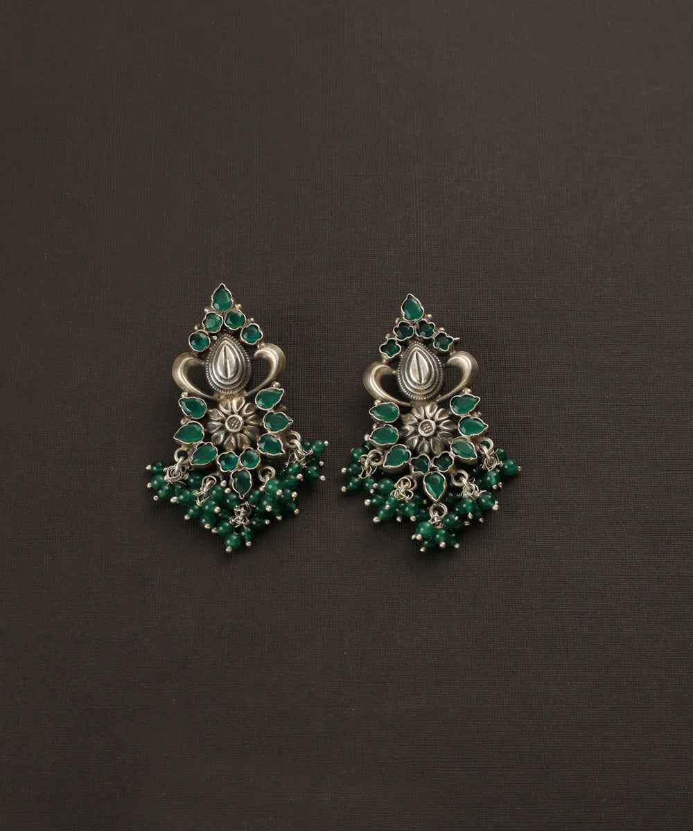 Green Onyx Temple Silver Earrings