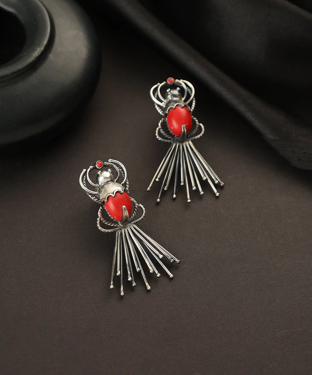 Silver Coral Long Bug Earring