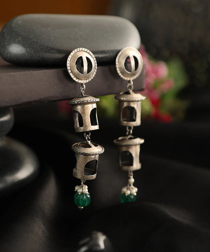 Green Onyx Long Silver Danglers