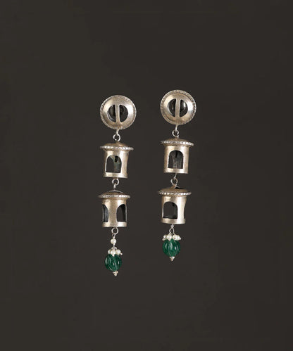 Green Onyx Long Silver Danglers