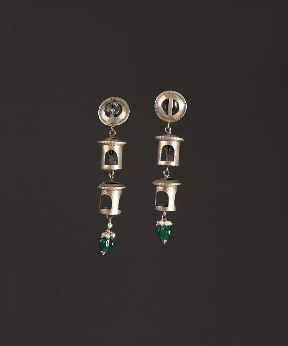 Green Onyx Long Silver Danglers