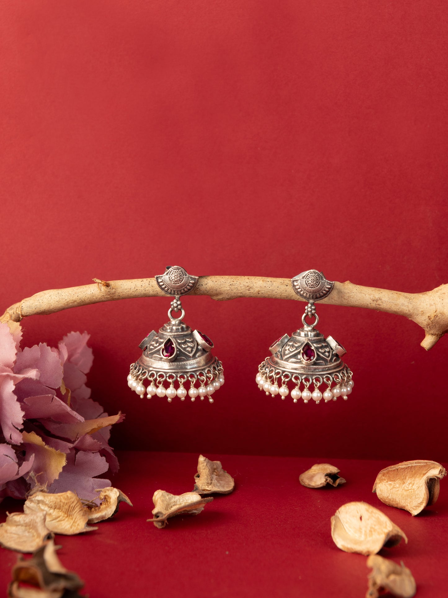 Red Temple Kempstone Silver Jhumkas