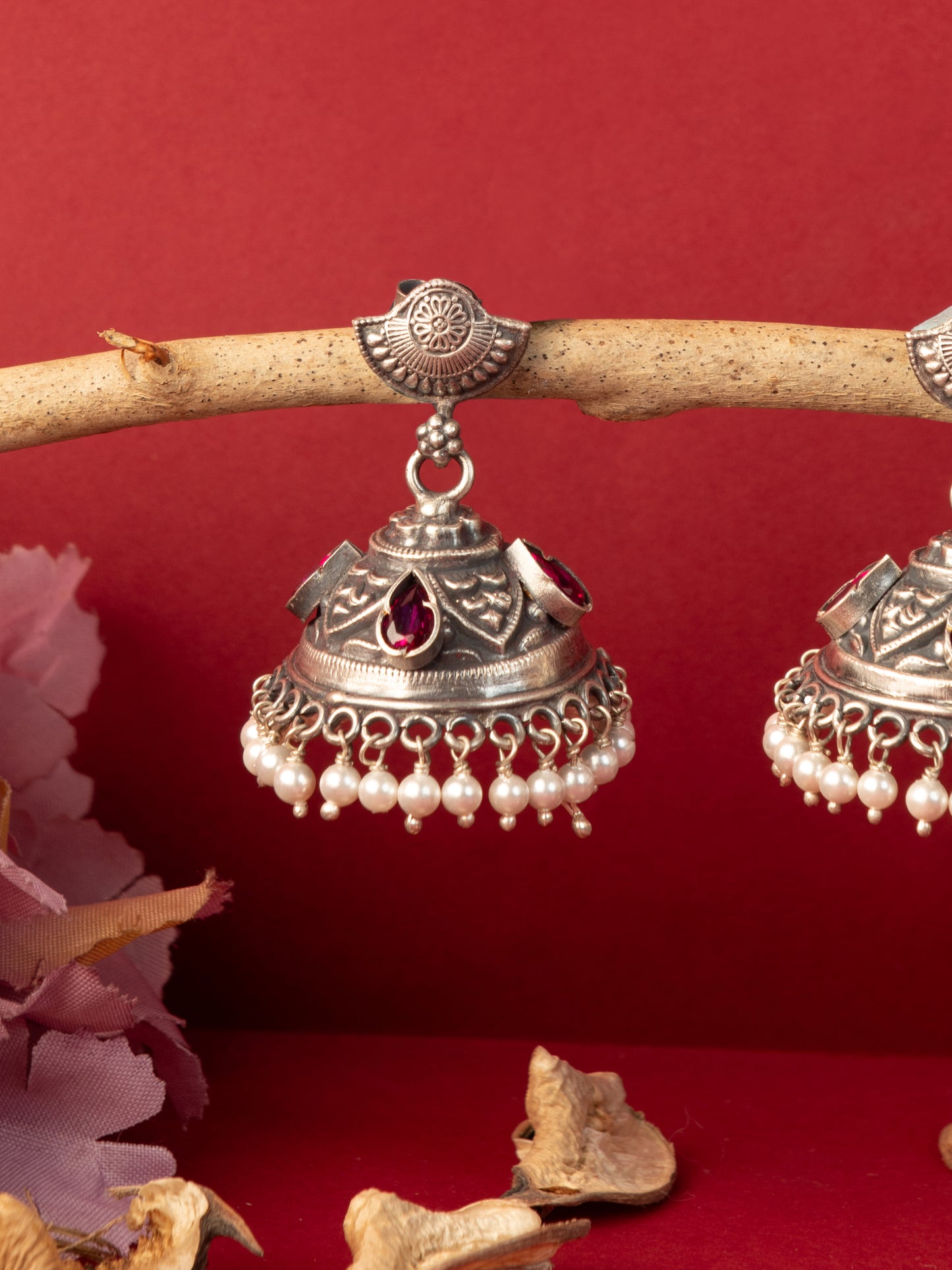 Red Temple Kempstone Silver Jhumkas