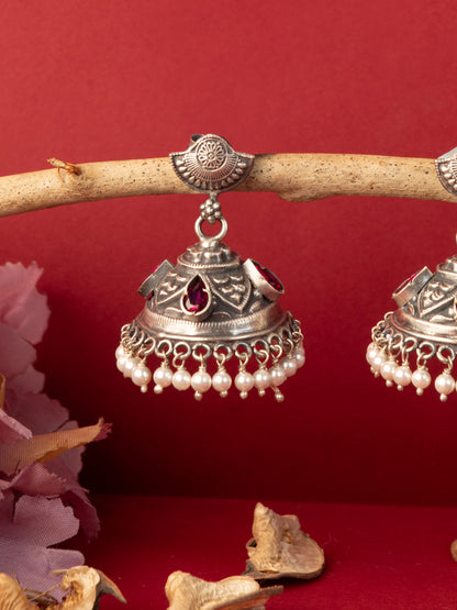 Red Temple Kempstone Silver Jhumkas