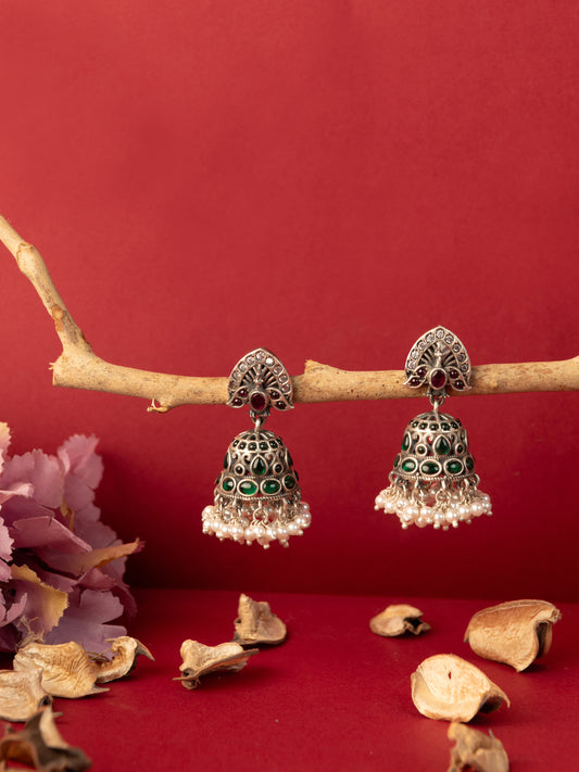 Green Temple Kempstone Silver Jhumkas