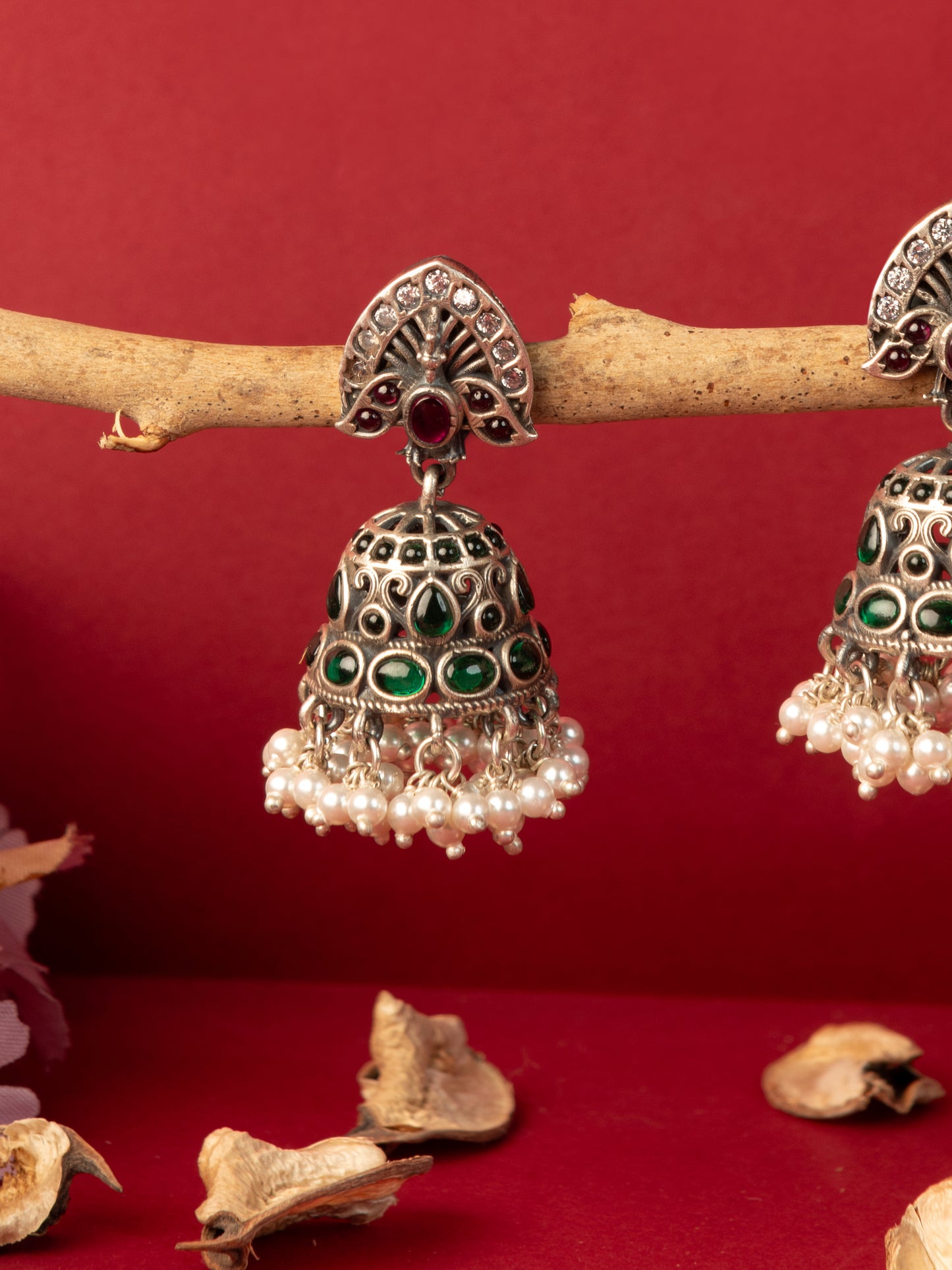 Green Temple Kempstone Silver Jhumkas