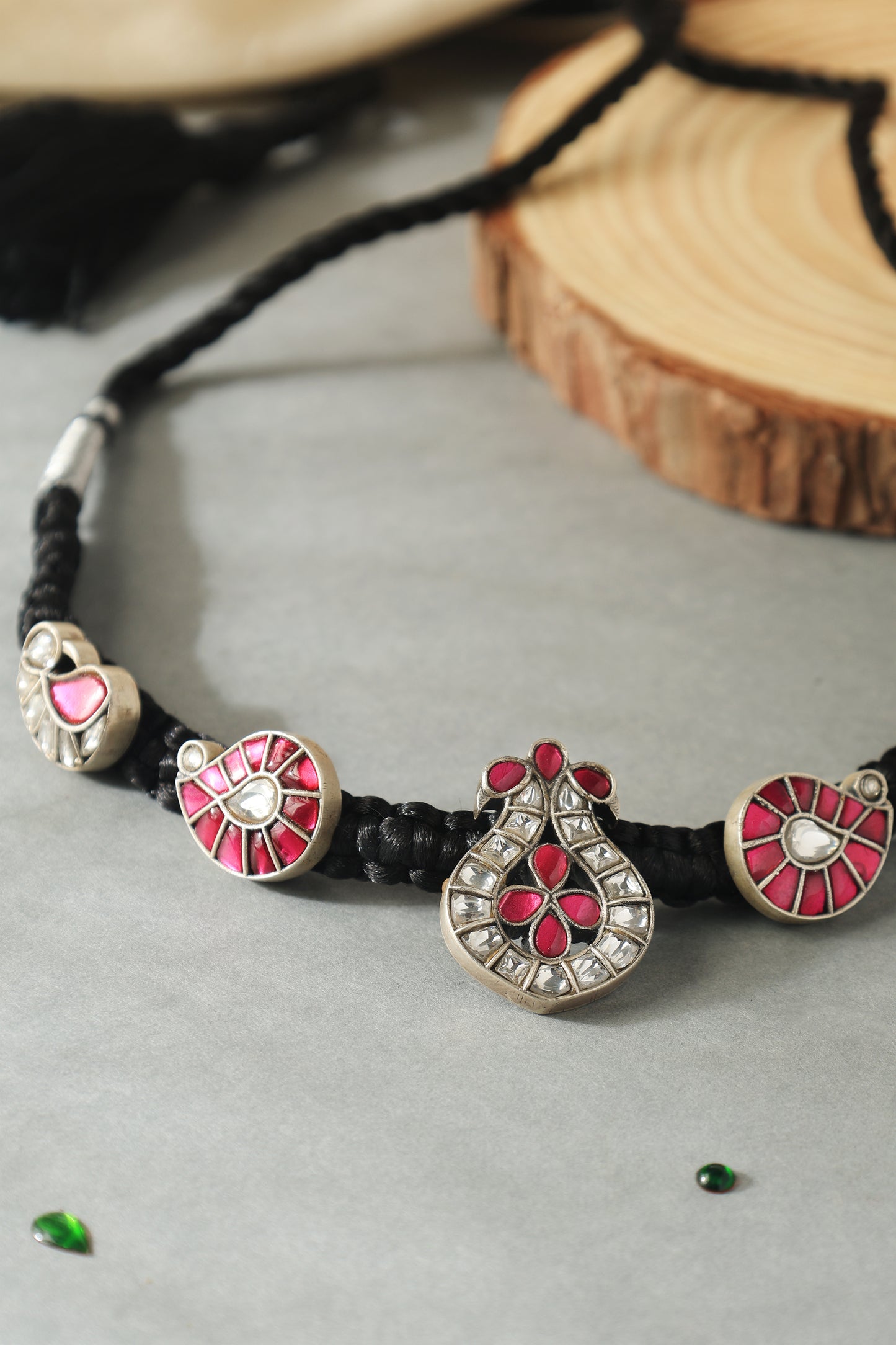 Pink White Kundan Thread Choker