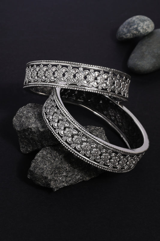 Temple Floral Silver Bangles