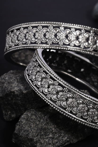 Temple Floral Silver Bangles