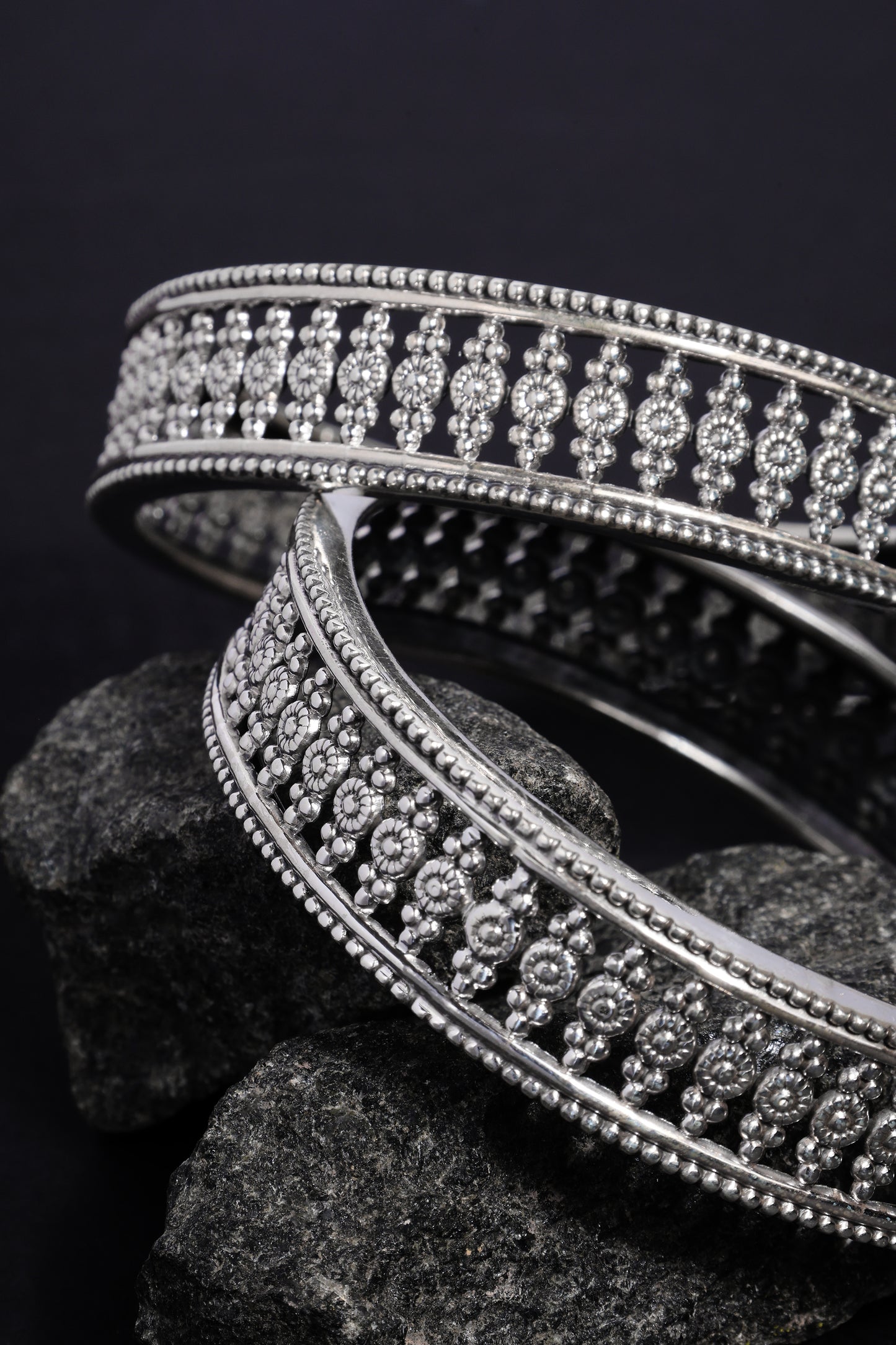 Geometric Temple Silver Bangles