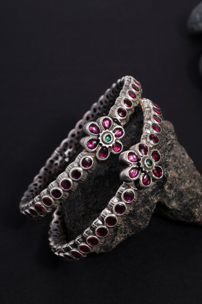 Temple Pink Kempstone Silver Bangles