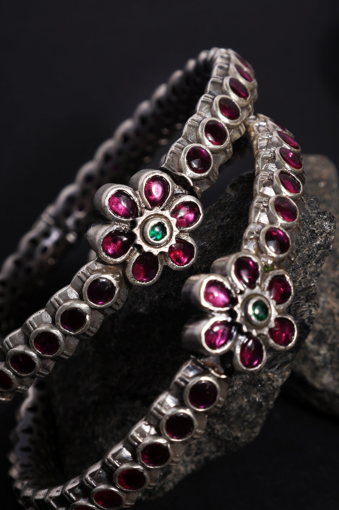 Temple Pink Kempstone Silver Bangles