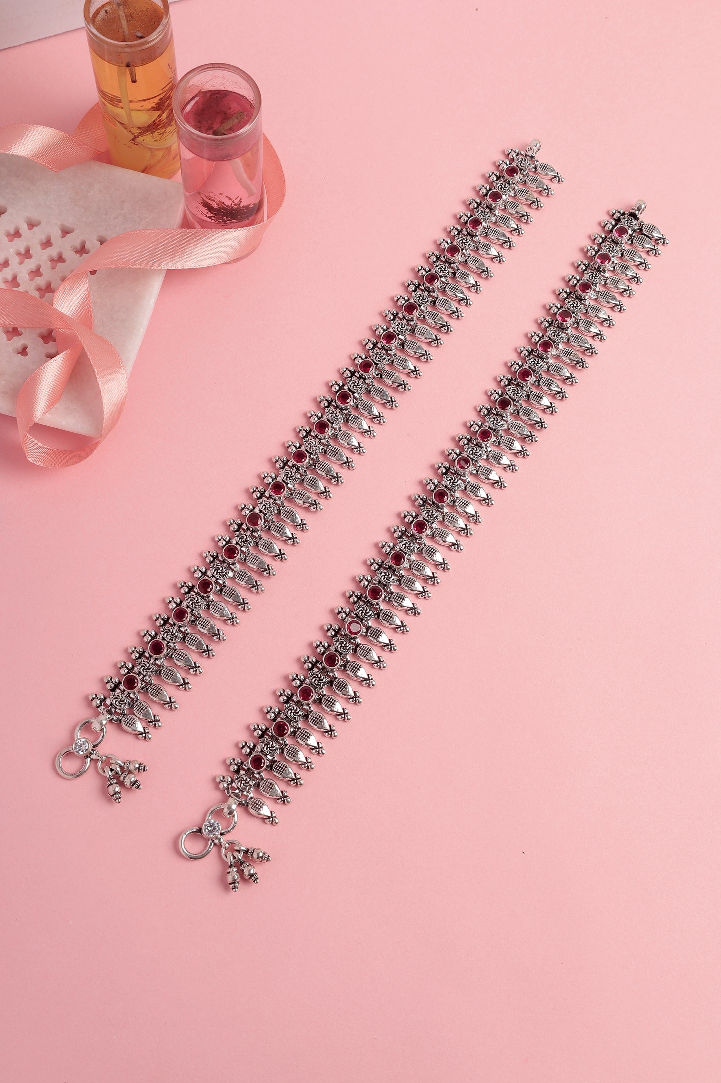 Ruby Silver Spoke Anklets