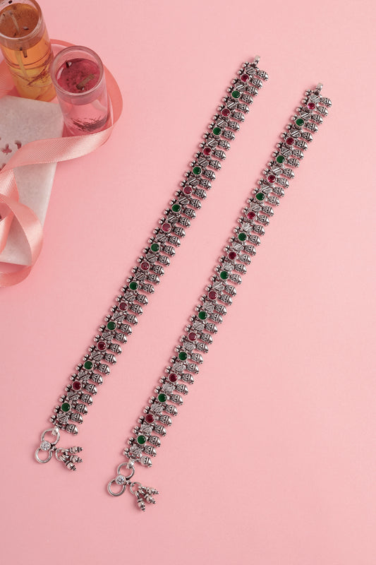 Ruby Onyx CZ Spoke Silver Anklets