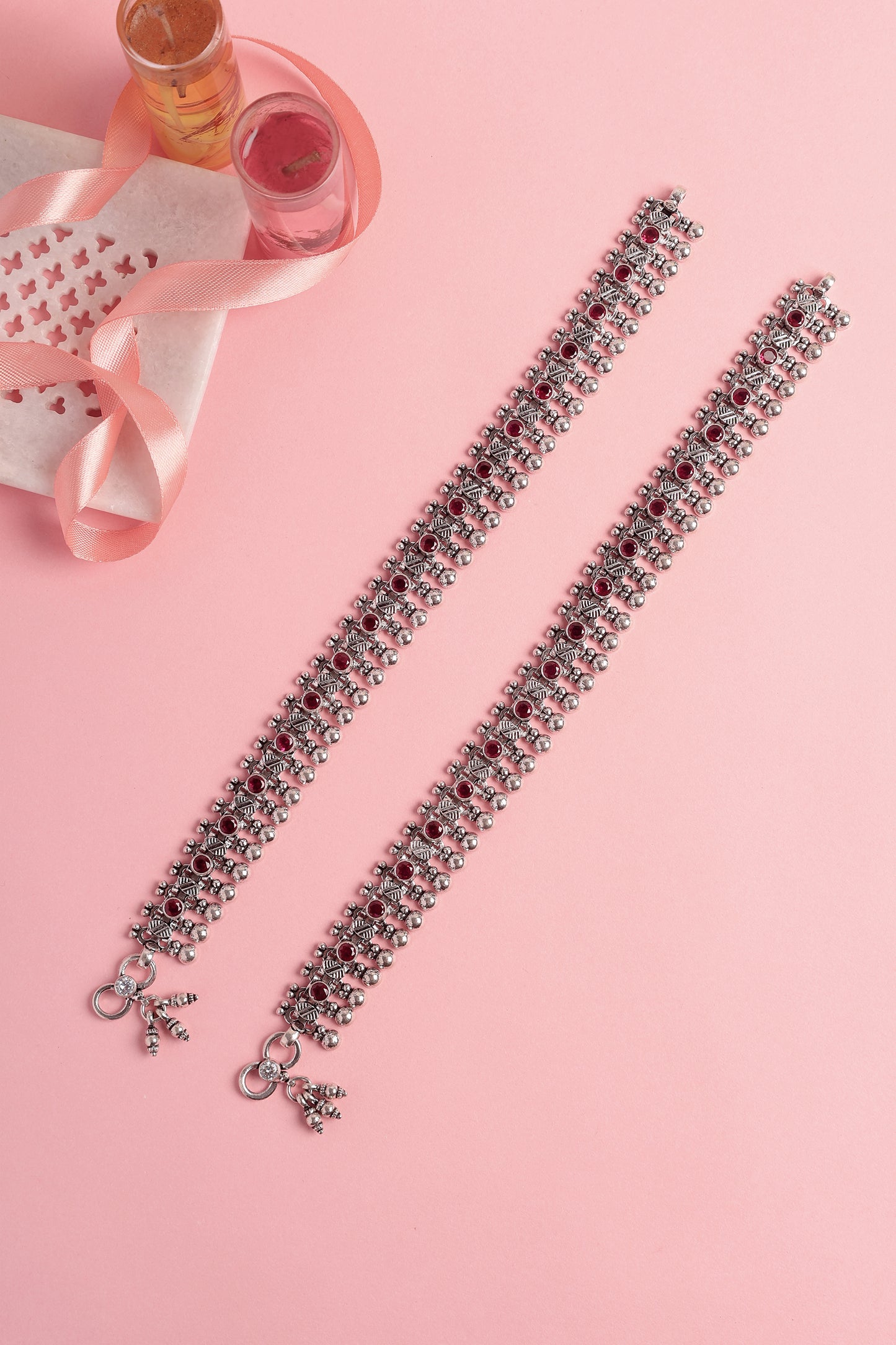 Ruby Beaded Silver Anklets