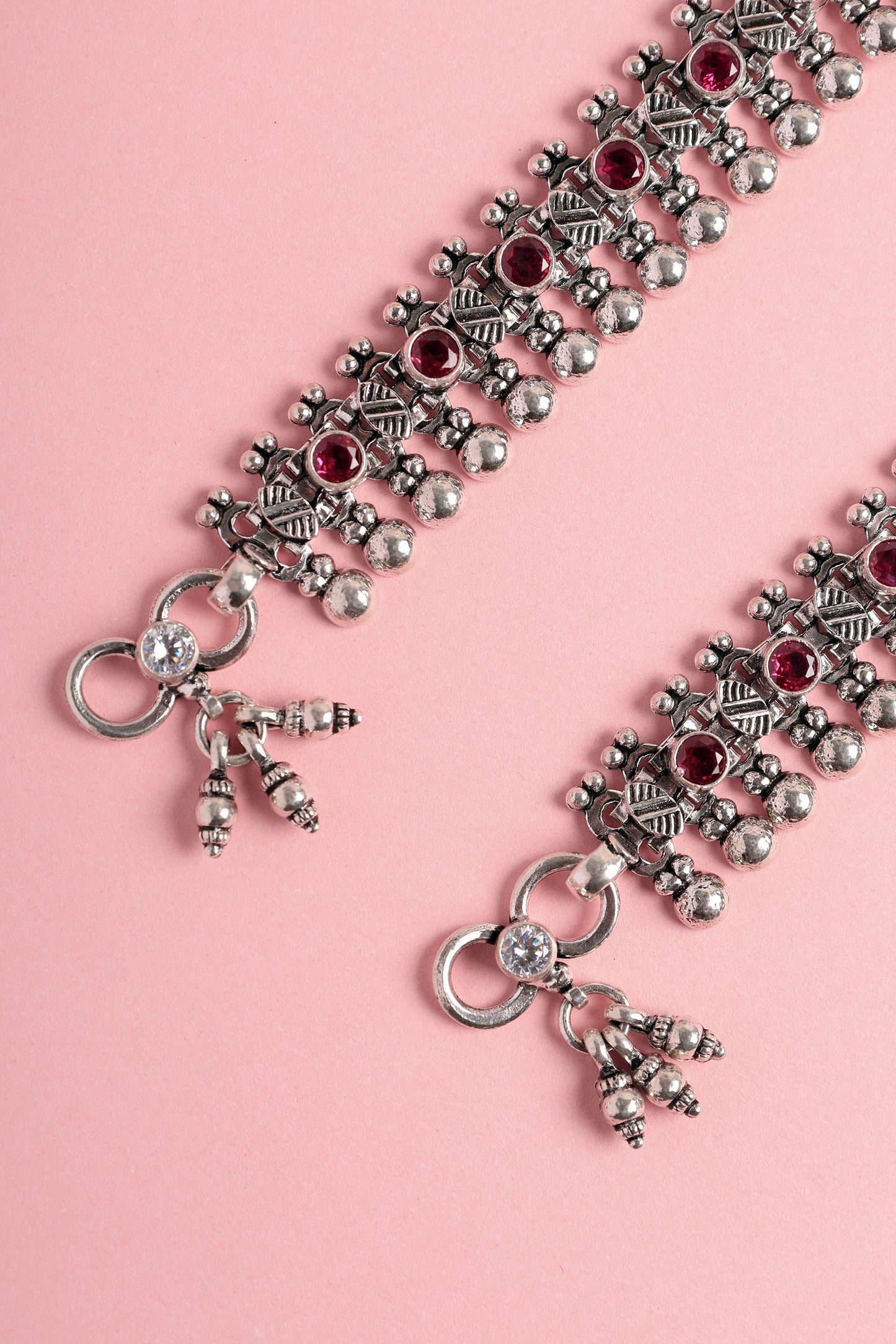 Ruby Beaded Silver Anklets