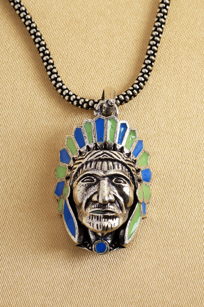 3D Blue Green Anglo Indian Silver Pendant Chain