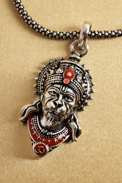 3D Red Hanuman Face Silver Pendant Chain