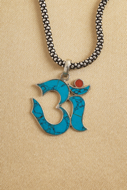 Turquoise Om  Silver Pendant Chain