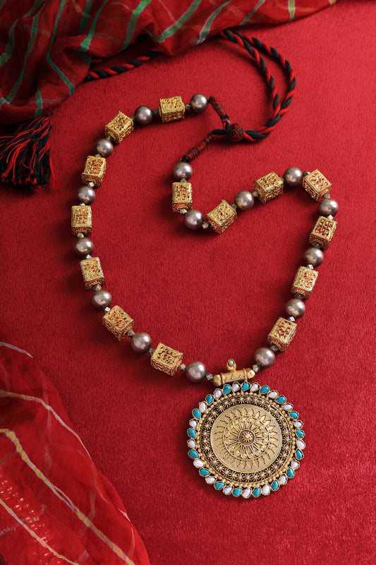 Turquoise Pearl Temple Long Necklace