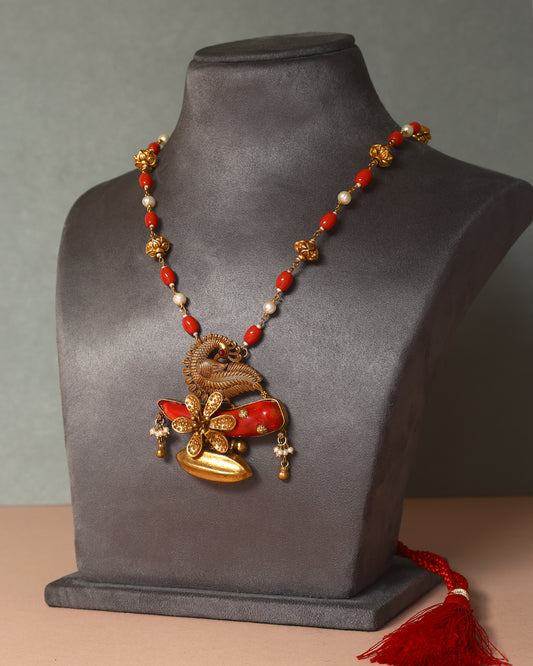 Handcrafted Necklace in 92.5 Silver with Coral, Pearls