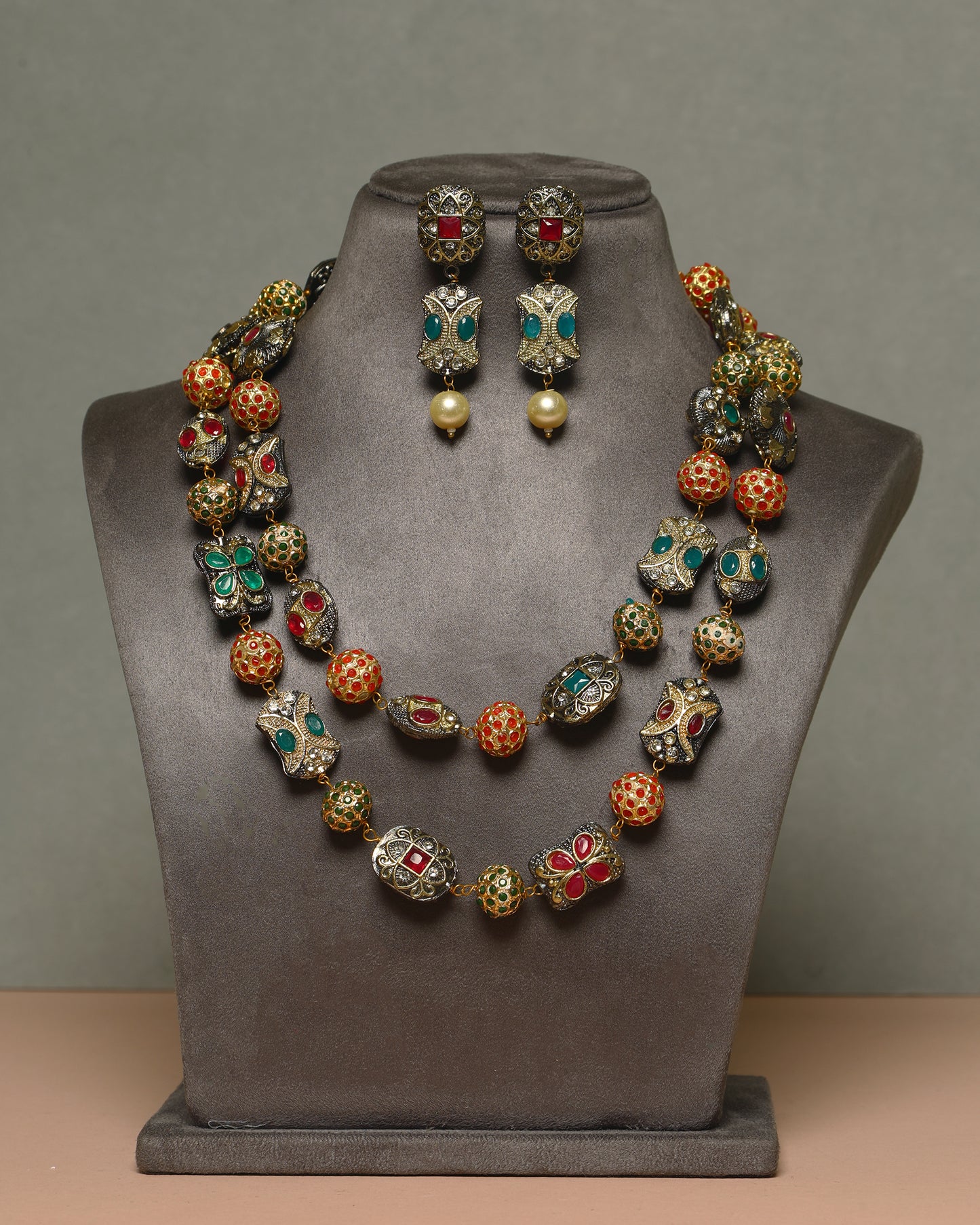 Handcrafted Necklace Set in 92.5 Silver with Ruby, Emerald, Pearls