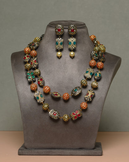Handcrafted Necklace Set in 92.5 Silver with Ruby, Emerald, Pearls