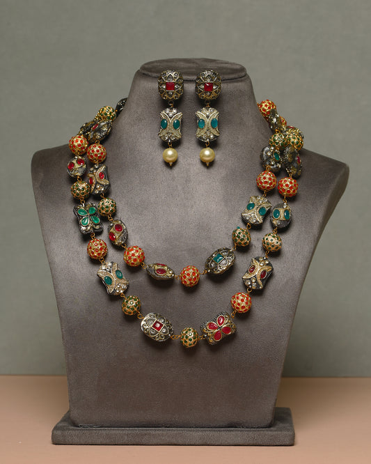 Handcrafted Necklace Set in 92.5 Silver with Ruby, Emerald, Pearls