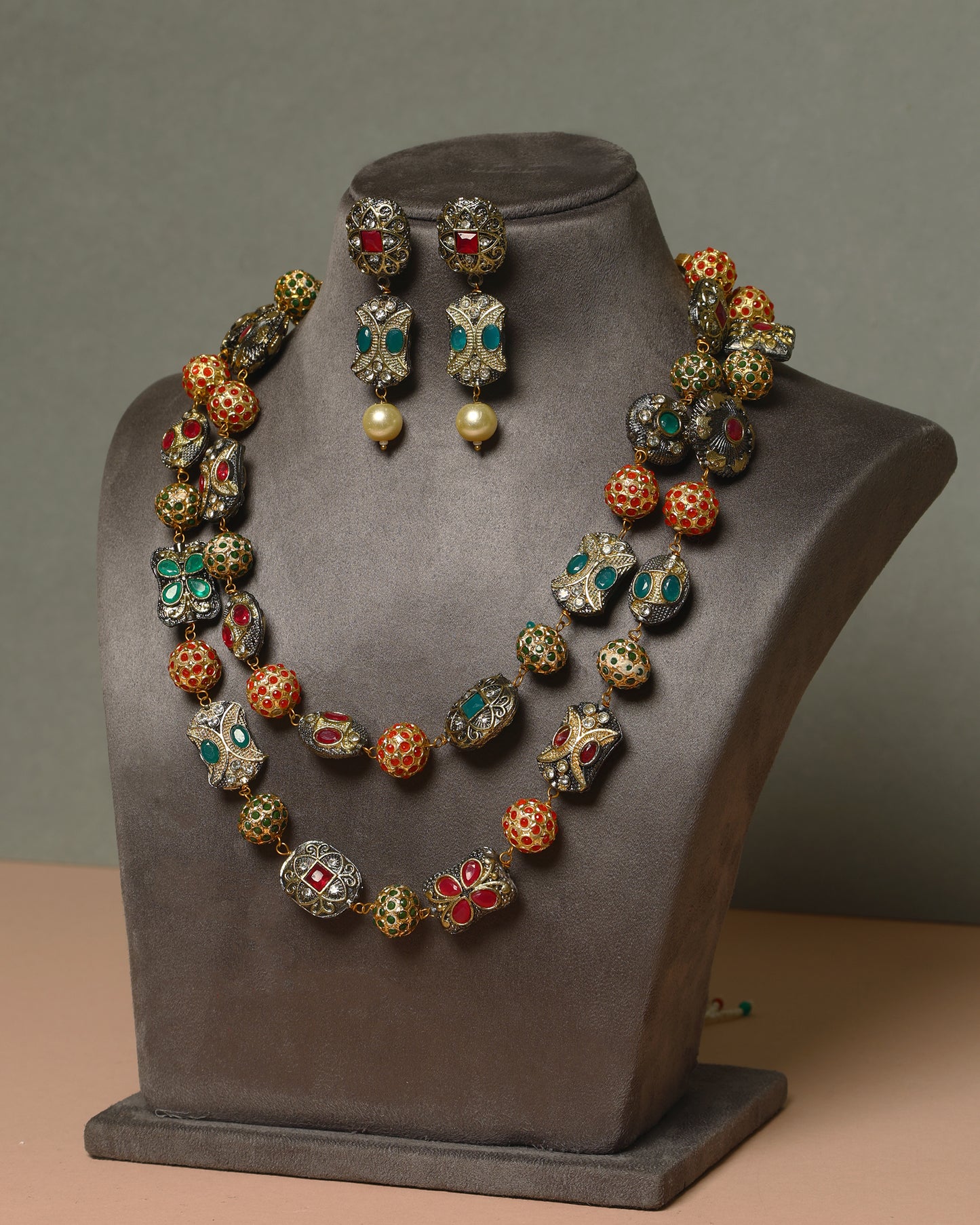 Handcrafted Necklace Set in 92.5 Silver with Ruby, Emerald, Pearls