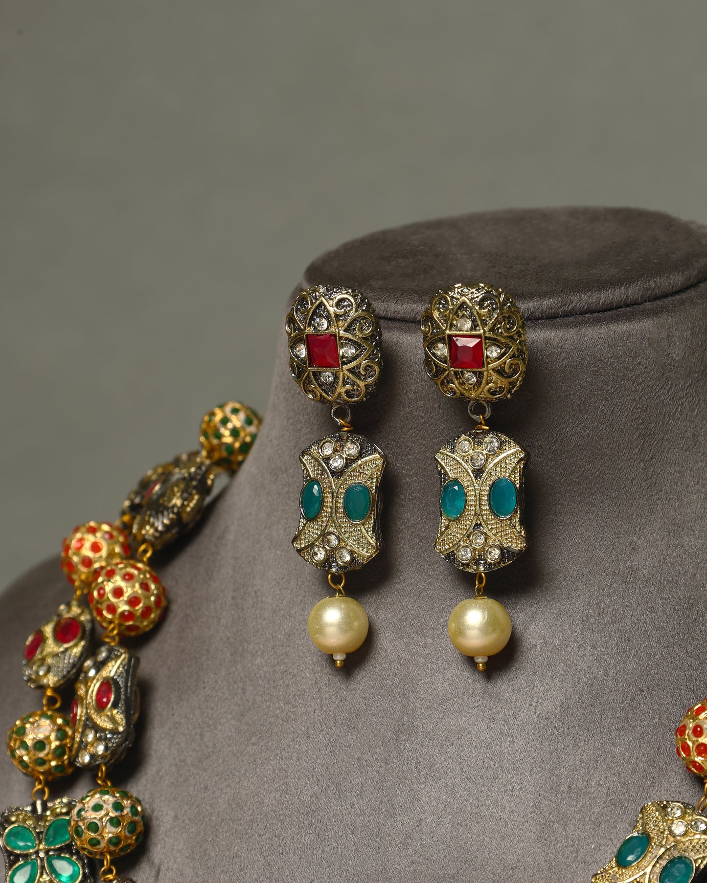 Handcrafted Necklace Set in 92.5 Silver with Ruby, Emerald, Pearls