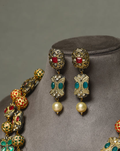 Handcrafted Necklace Set in 92.5 Silver with Ruby, Emerald, Pearls
