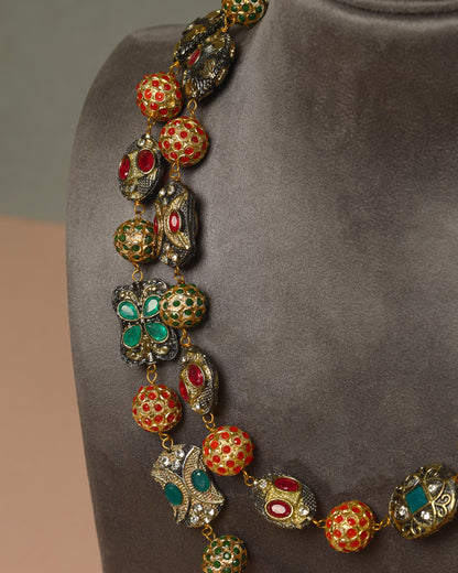 Handcrafted Necklace Set in 92.5 Silver with Ruby, Emerald, Pearls