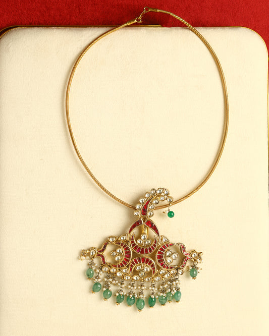 Handcrafted Necklace in 92.5 Silver with Kundan, Jade