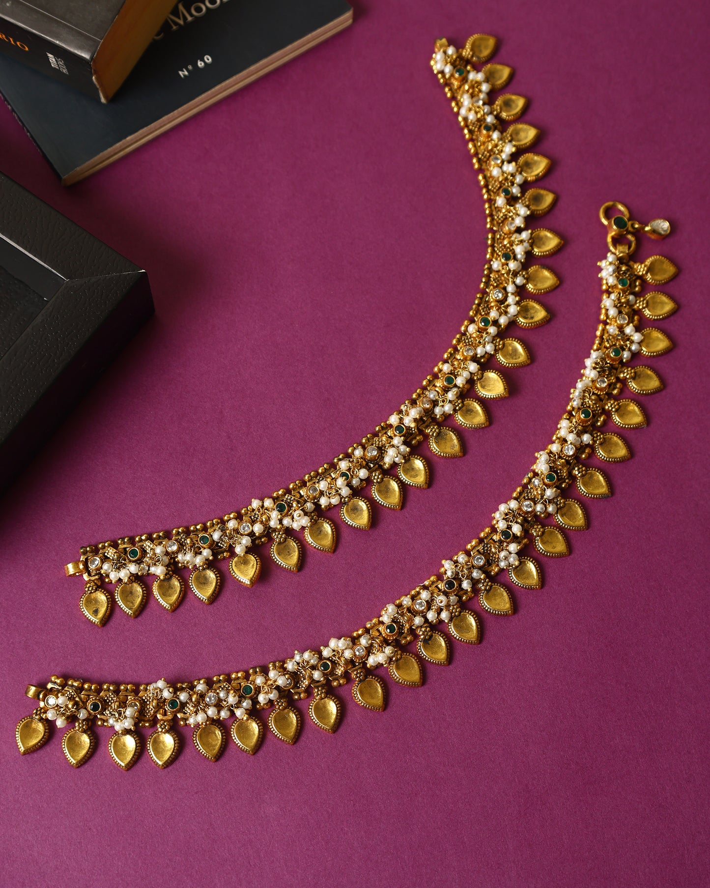 Handcrafted Anklets in 92.5 Silver with Pearls, Emerald