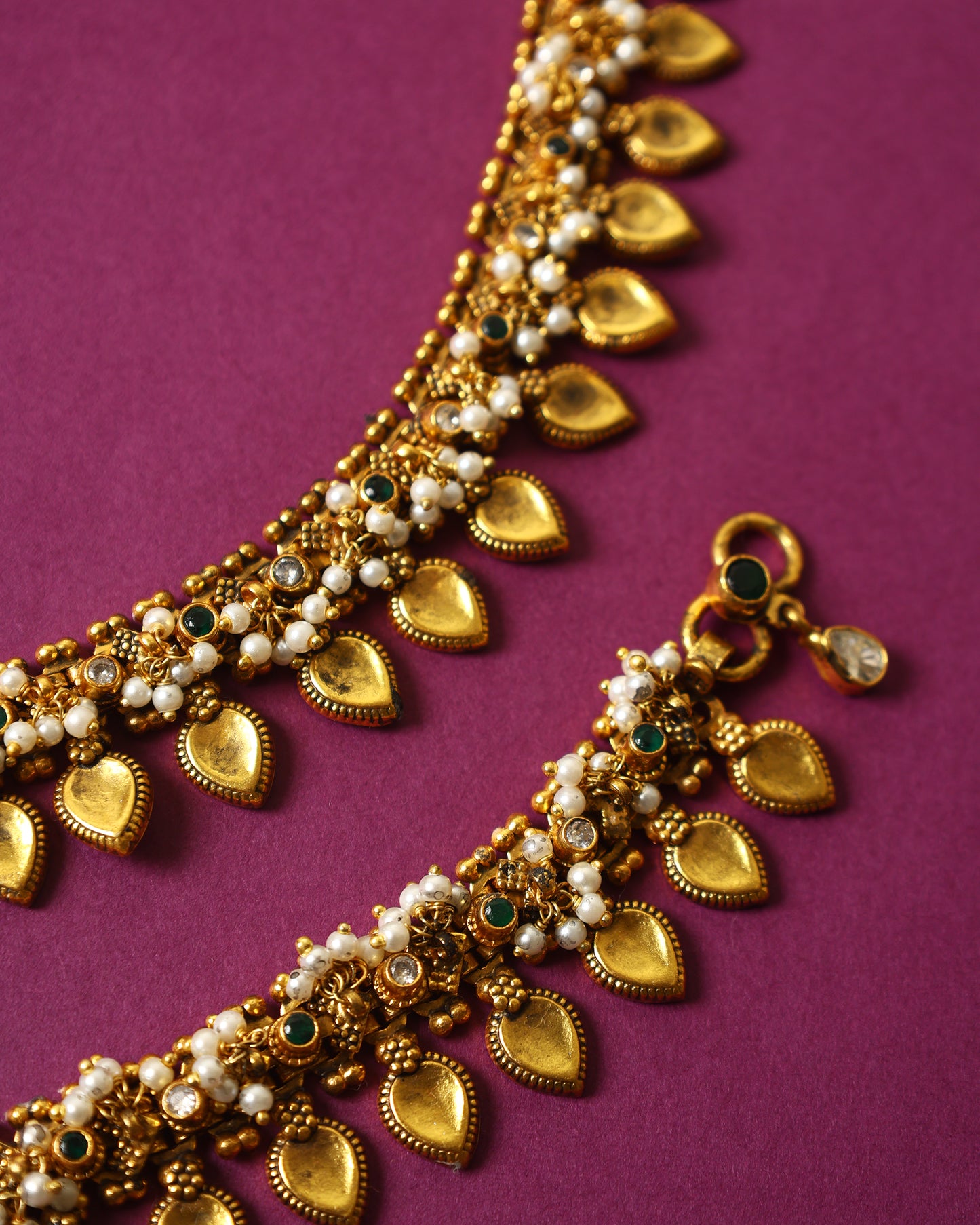 Handcrafted Anklets in 92.5 Silver with Pearls, Emerald