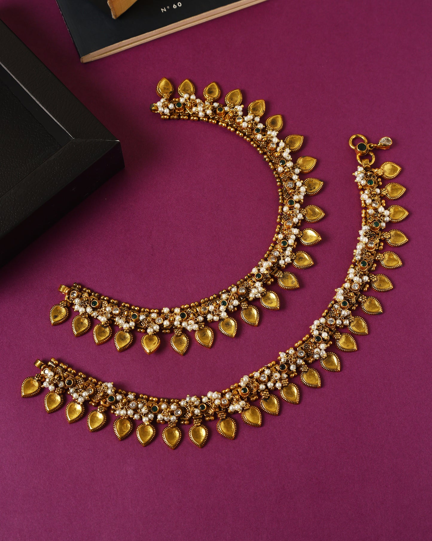 Handcrafted Anklets in 92.5 Silver with Pearls, Emerald