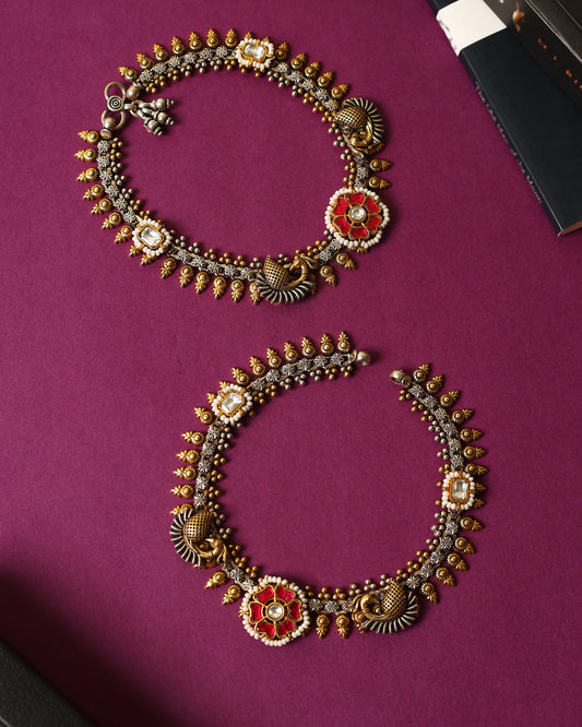 Handcrafted Anklets in 92.5 Silver with Kundan