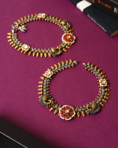 Handcrafted Anklets in 92.5 Silver with Kundan
