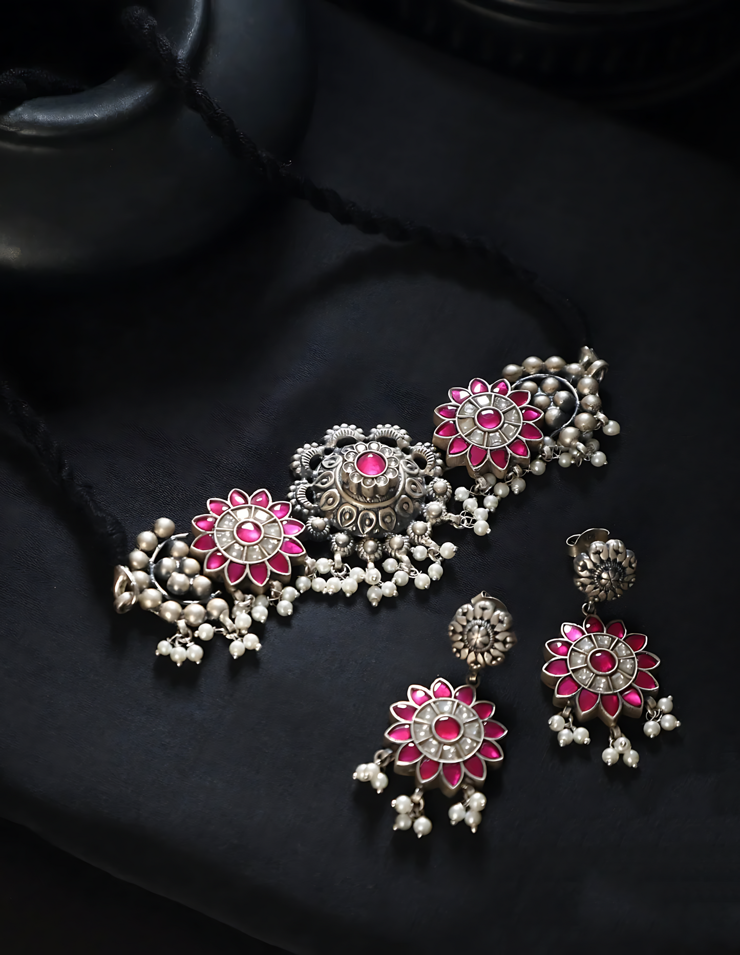 Pink white kundan Choker set with earrings